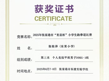 我校陆梓宣、刘博文等同学在2025 年张家港市 “育苗杯” 小学生跆拳道比赛 个人竞技中获得佳绩